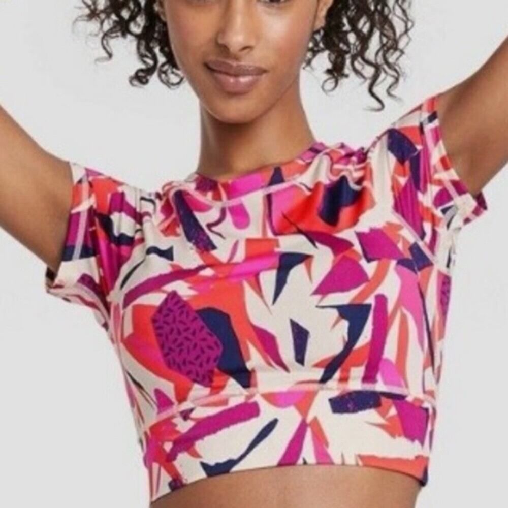 J.Dow Crop Top Size L Pink Multi Floral Stretch Women Shirt Athletic Tropical
